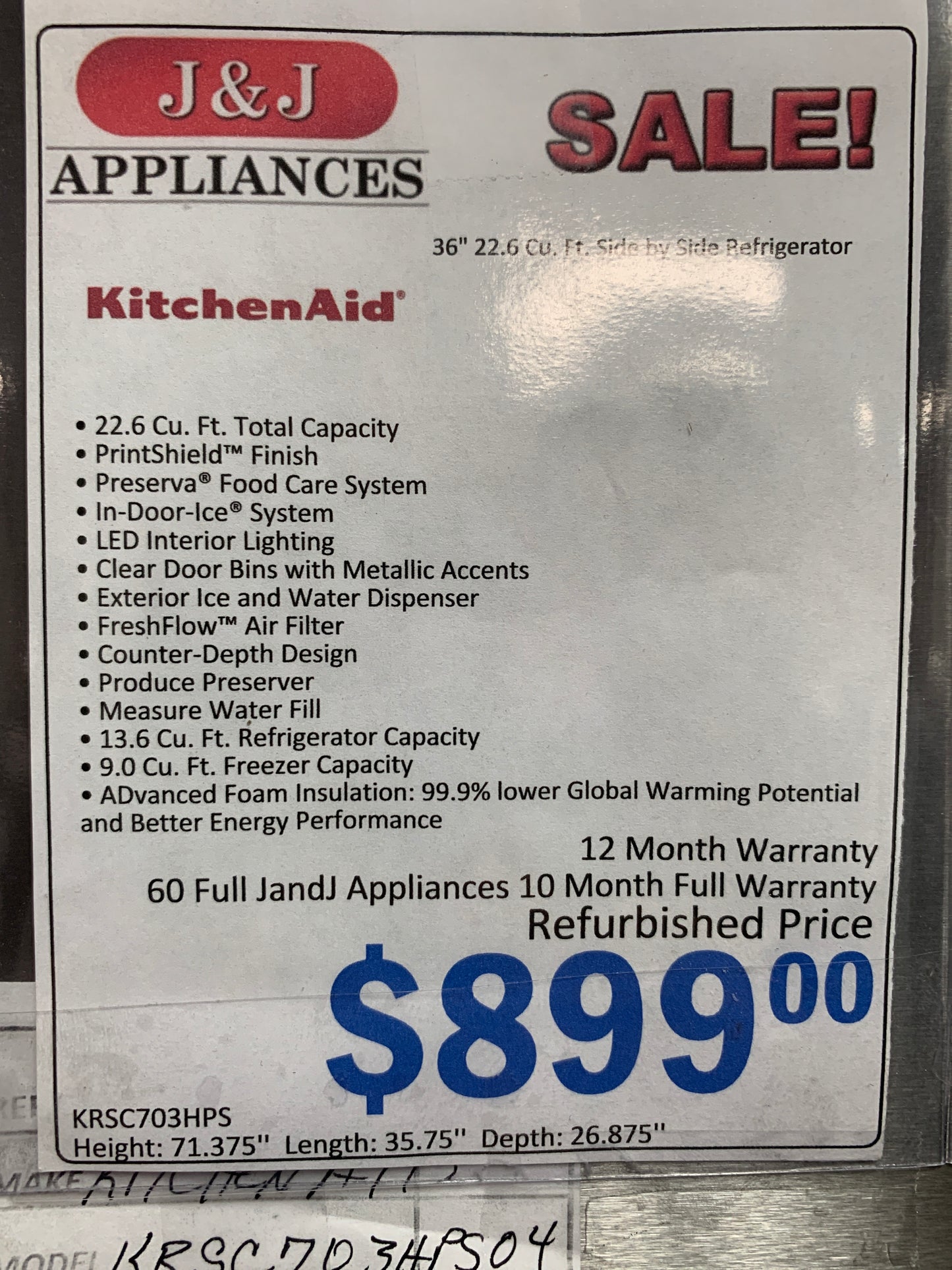 Kitchenaid Side by Side Refrigerator.