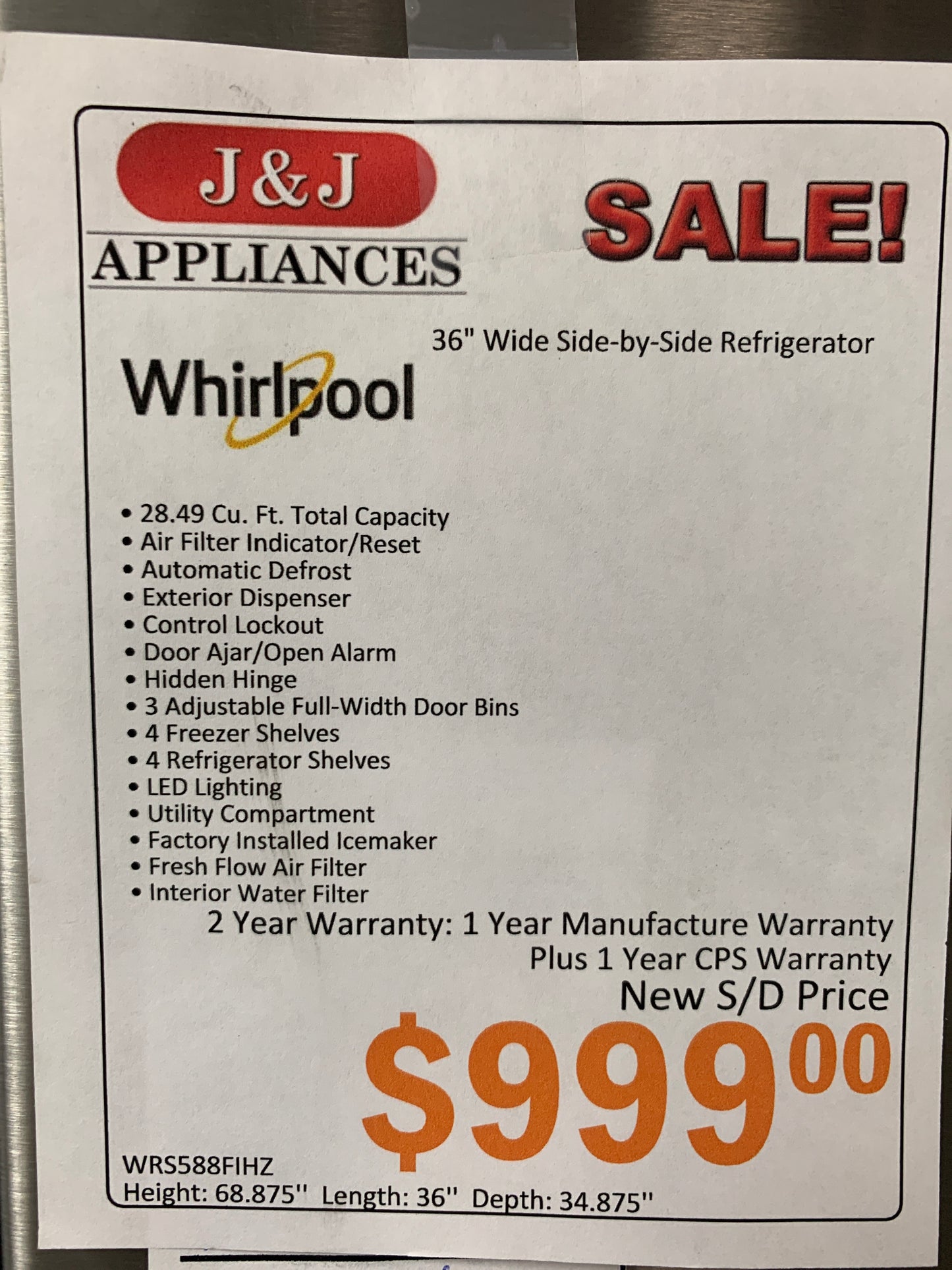 Whirlpool Side by Side Refrigerator**NEW**