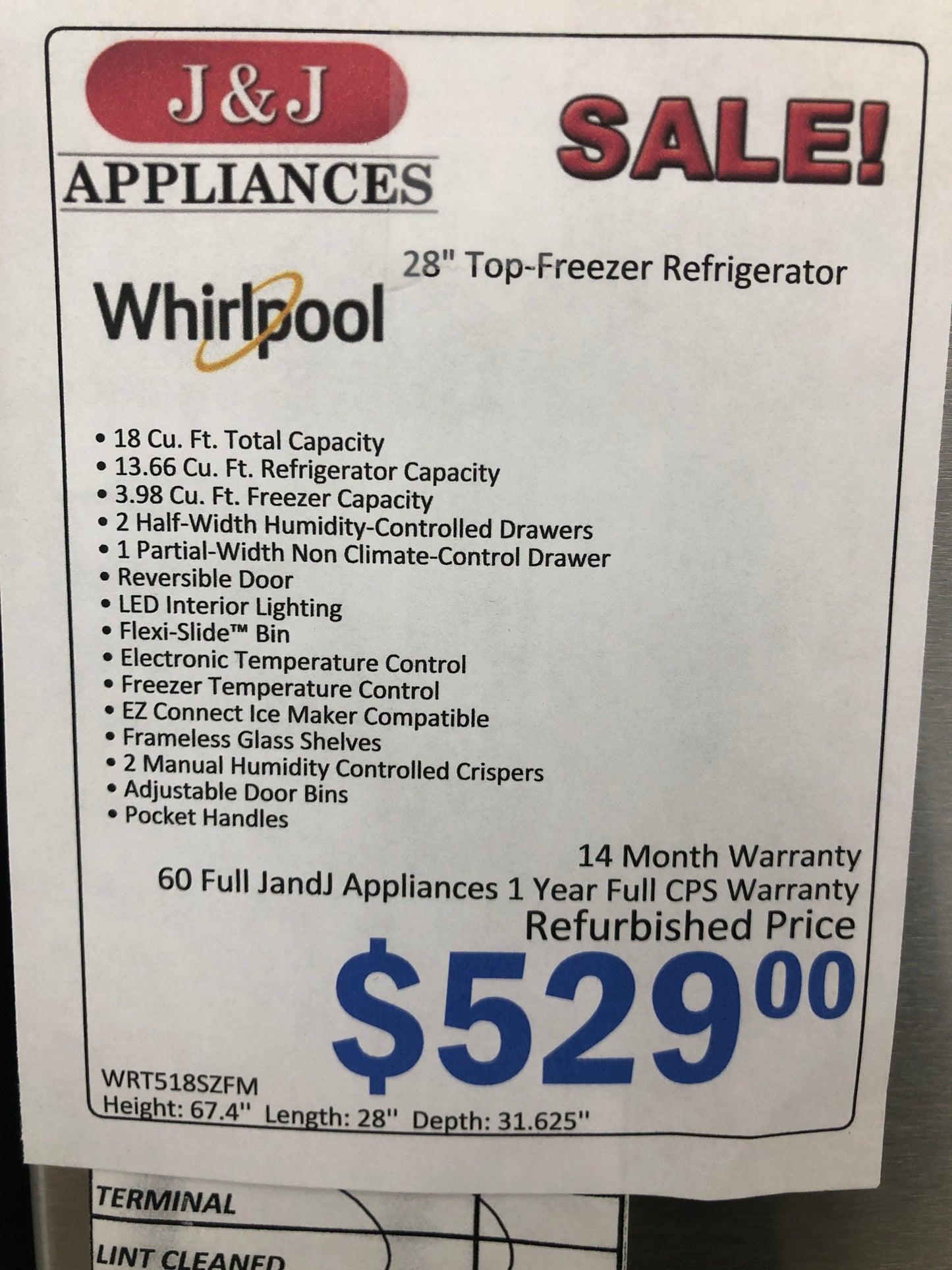 Whirlpool Stainless Steel Top Bottom Refrigerator.