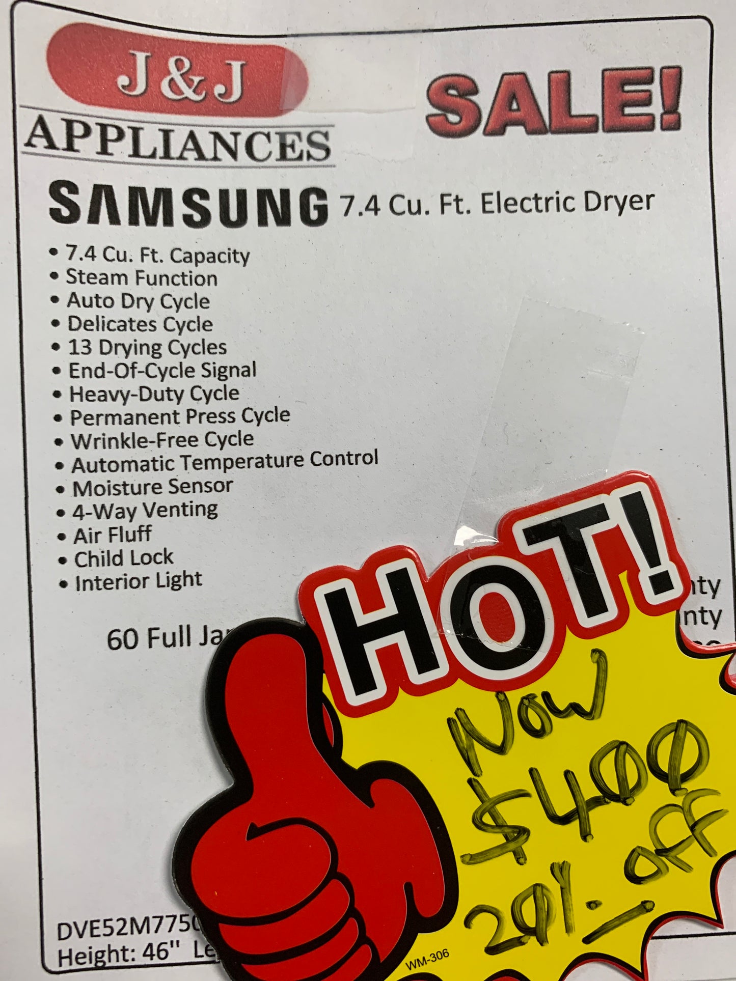 Samsung 7.4 cu ft Electric Dryer.