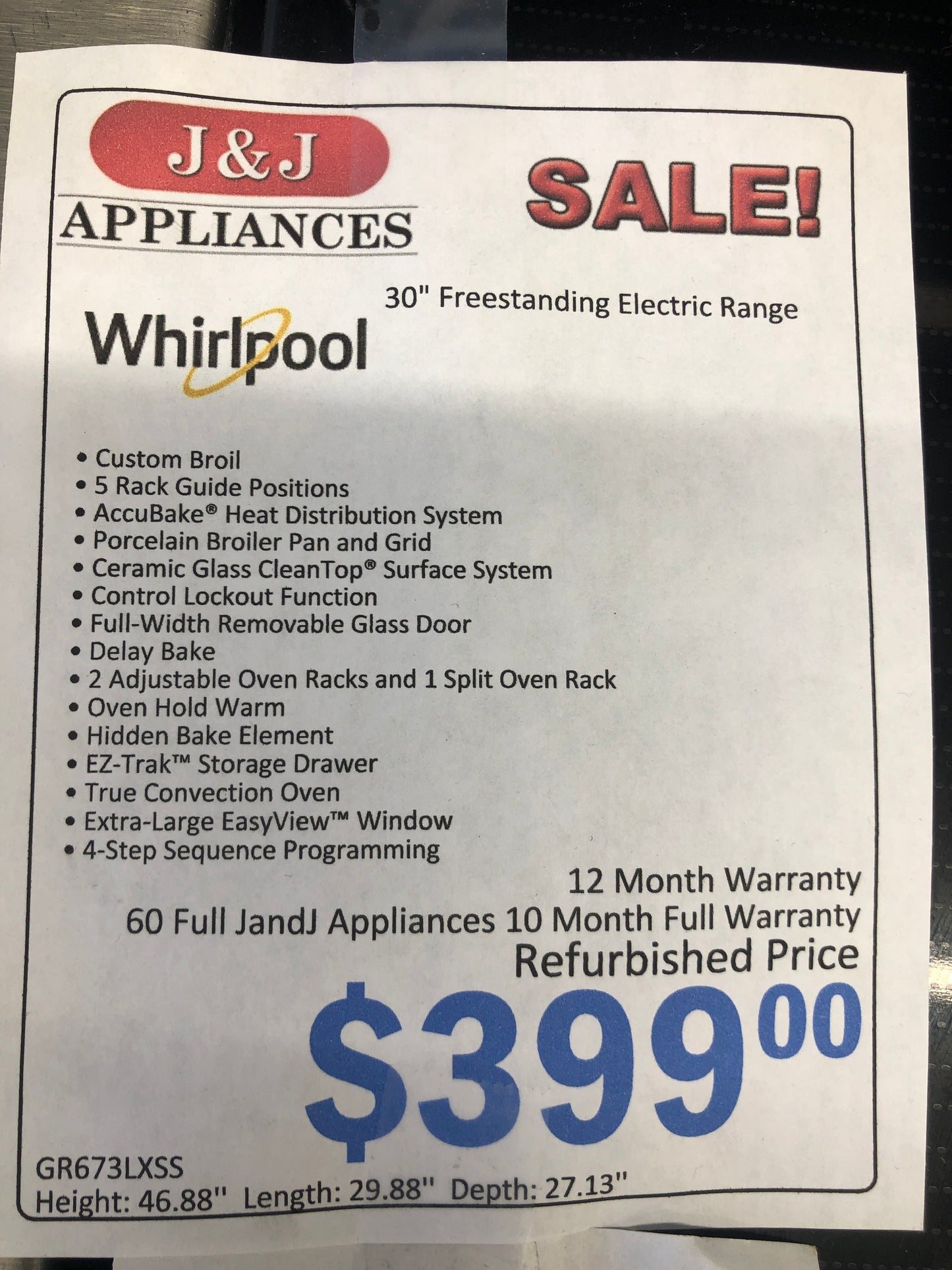 Whirlpool Glass Top Electric Range.