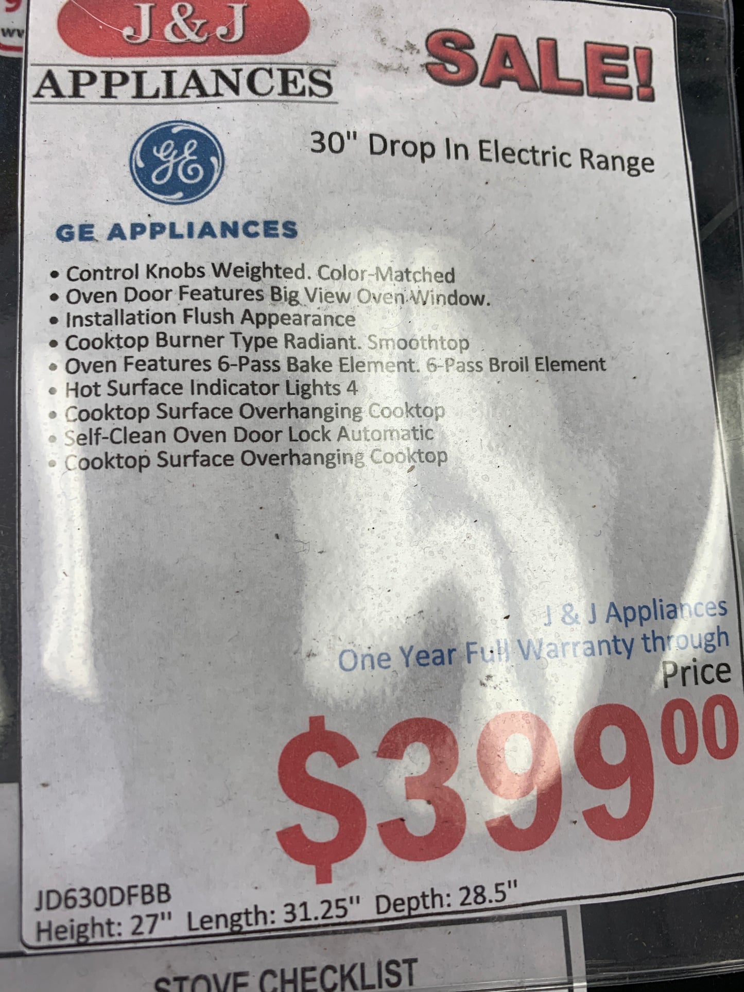 GE 30” Drop in Electric Range.