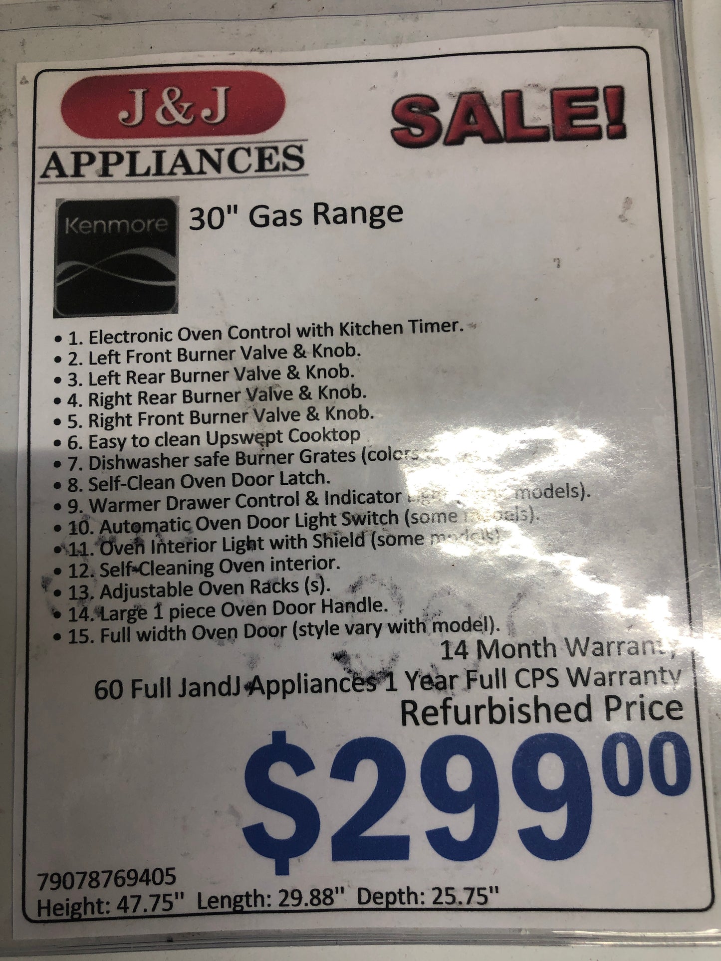 Kenmore 30” Gas Range.